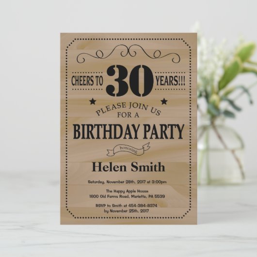30th Birthday Invitation Rustic Wood Kaart (Staand voorkant)