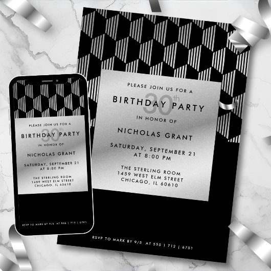 30th Birthday Modern Black Faux Silver Foil Kaart