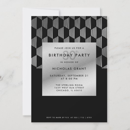 30th Birthday Modern Black Faux Silver Foil Kaart (Voorkant)