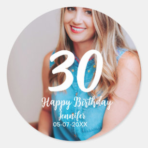 30th Birthday Naam toevoegen Datum Jaar Wit Foto Ronde Sticker