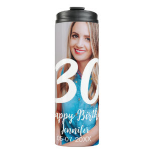 30th Birthday Naam toevoegen Datum Jaar Wit Foto Thermosbeker
