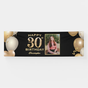 30th Birthday Party Black and Gold Balloons Foto Spandoek