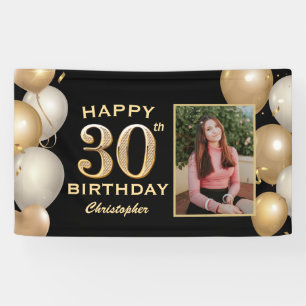 30th Birthday Party Black and Gold Balloons Foto Spandoek
