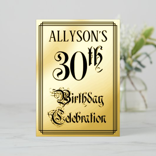 30th Birthday Party — Elegant Script + aangepaste Folie Uitnodiging (Staand Voorkant)