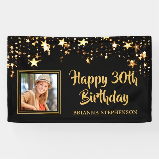 30th Birthday Photo Black Gold Stars Personalized Spandoek (Horizontaal)
