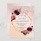 30th Birthday roos Gold glitter florals uitnodigin Briefkaart (Voorkant / Achterkant)