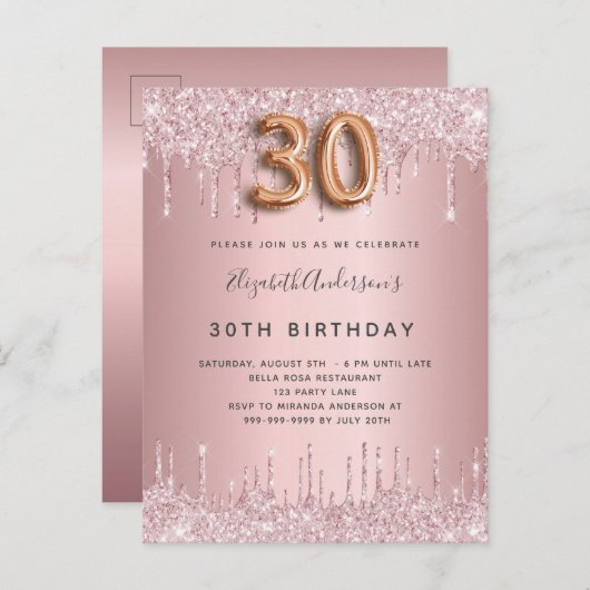 30th Birthday roze stoffige roos glitter druppelt Uitnodiging Briefkaart (Voorkant / Achterkant)