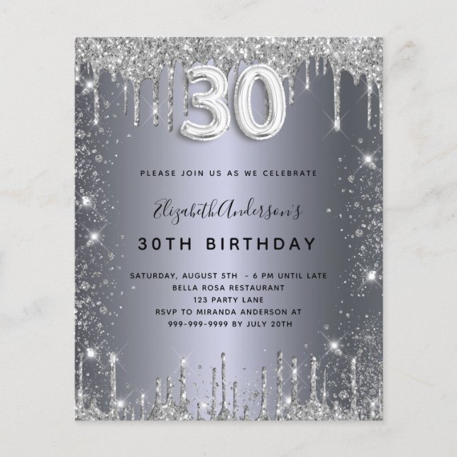 30th birthday silver glitter uitnodiging (Voorkant)