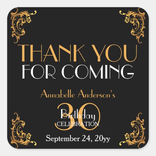30th Birthday Zwart Goud Retro Dank u Vierkante Sticker (Voorkant)