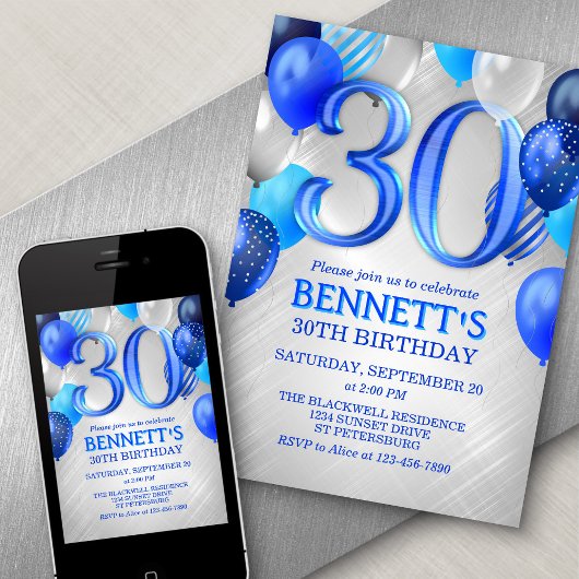 30th Mens Blue Anniversaire Invitation