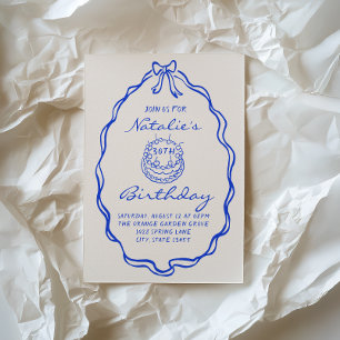 30thBlue Bow Hand getrokken Coquette Verjaardagsfe Kaart