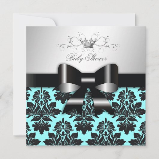 311-Blackberry Blue Damask Black Bow | Baby shower Kaart (Voorkant)