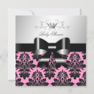 311-Blackberry roze Damask Black Bow Baby shower Kaart