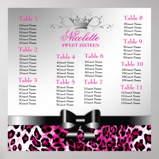 311 Bowlicious Hot Pink Leopard Seating Chart Poster (Voorkant)