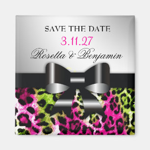 311 Chic Hot Pink Limoen Leopard Bow Save the Date Magneet