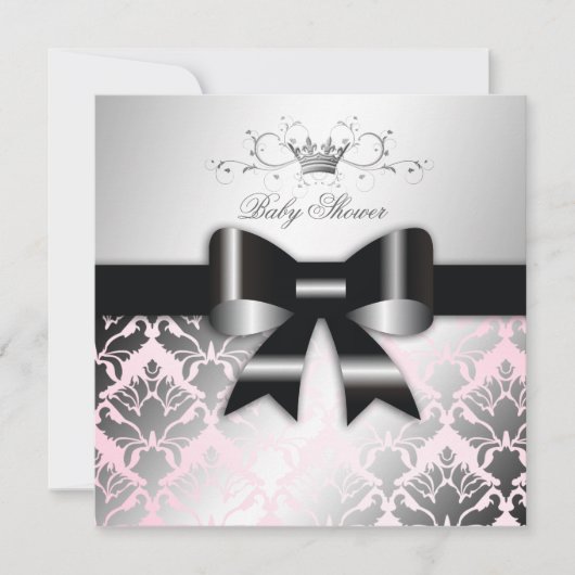 311-Damask Shimmer Black Bow Roze Baby shower Kaart (Voorkant)