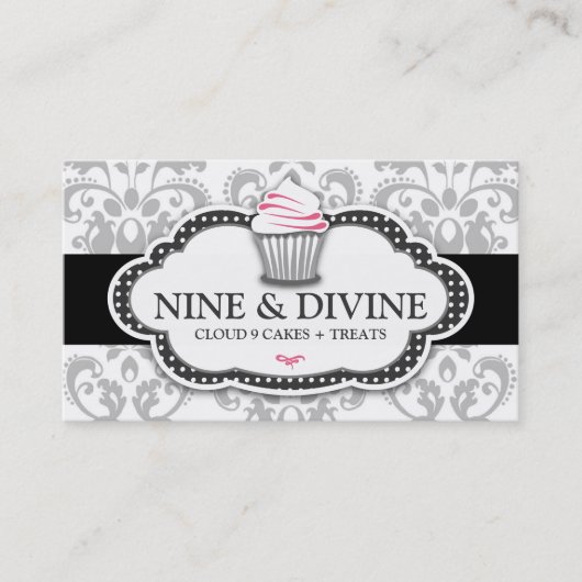 311 Divine Grey White Damask Cupcake Visitekaartje (Voorkant)