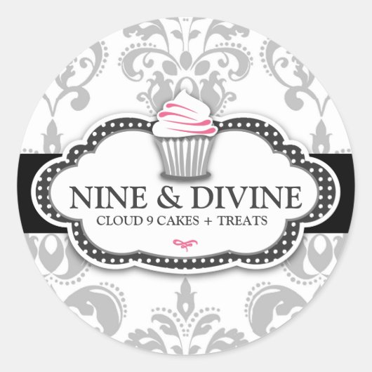 311 Divine Grijs Wit Damask Cupcake Sticker (Voorkant)