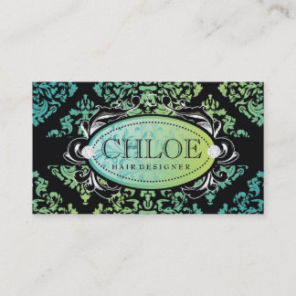 311-Luxurious Turquoise n Limoen Damask Monogram Visitekaartje