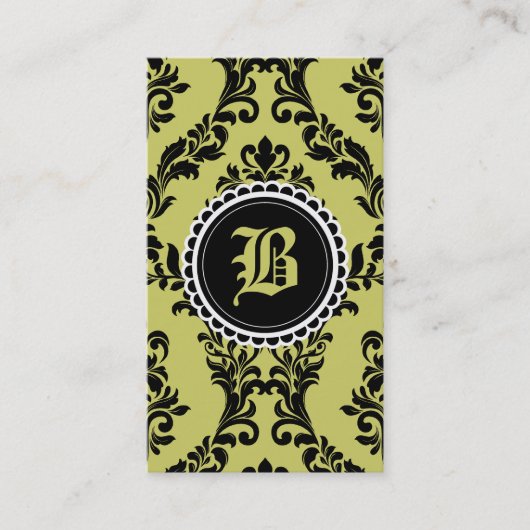 311 Moss Green Black Damask Monogram Flower Visitekaartje (Voorkant)