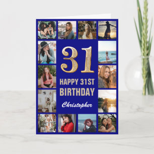 31e Happy Birthday Navy Blue & Gold Photo Collage Kaart