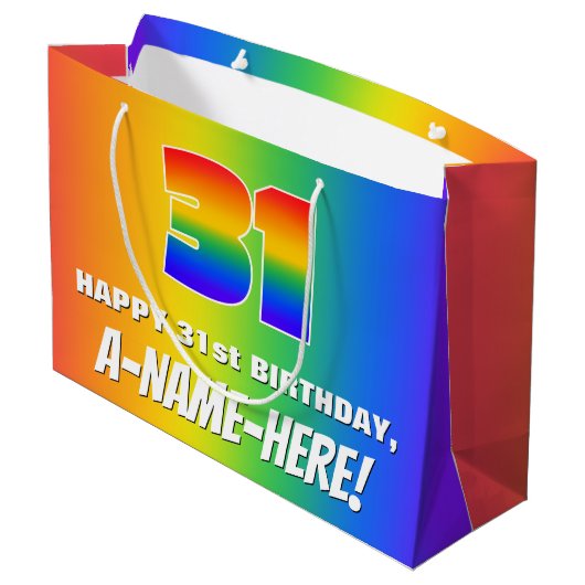31ste verjaardag: kleurrijk, vun regenboogpatroon groot cadeauzakje (Achterkant Gekanteld)