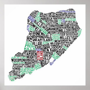 32 x 32 inch Staten Island Calligram Map Poster Pr