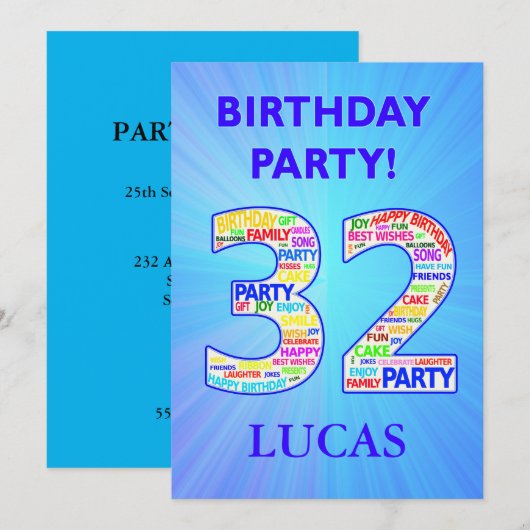 32e anniversaire Invitation de fête Ajouter un nom (Devant / Derrière)