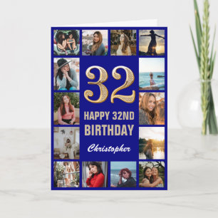 32e Happy Birthday Navy Blue & Gold Photo Collage Kaart