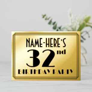 32e verjaardag — Art Deco look "32" + Naam Folie Uitnodiging