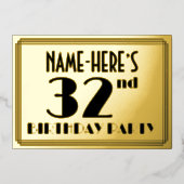 32e verjaardag — Art Deco look "32" + Naam Folie Uitnodiging (Voorkant)