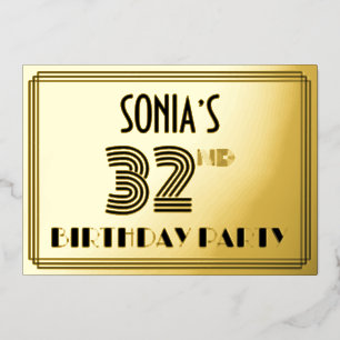 32e verjaardag — Art Deco Style "32" en naam Folie Uitnodiging