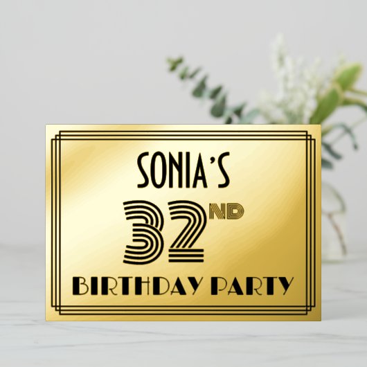 32e verjaardag — Art Deco Style "32" en naam Folie Uitnodiging (Staand Voorkant)