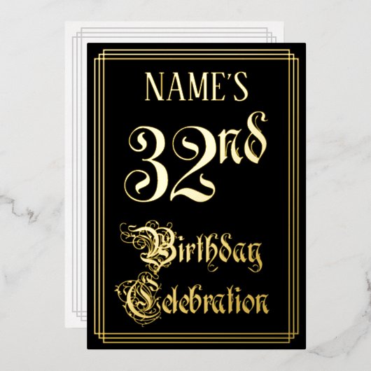 32e verjaardag — Fancy script en aangepaste naam Folie Uitnodiging (Voorkant / Achterkant)