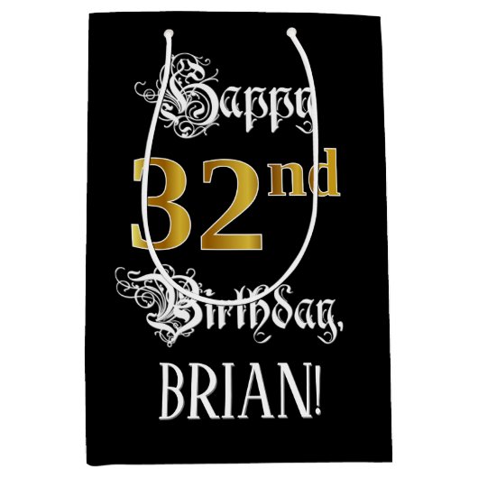 32e verjaardag ~ Fancy script; Faux Gold look; naa Medium Cadeauzakje (Voorkant)