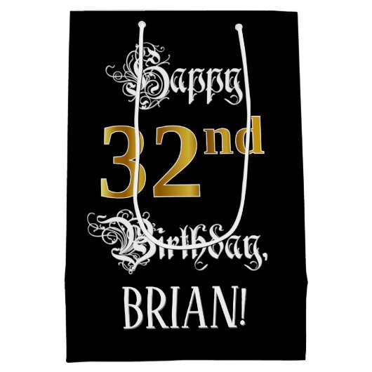 32e verjaardag ~ Fancy script; Faux Gold look; naa Medium Cadeauzakje (Achterkant)