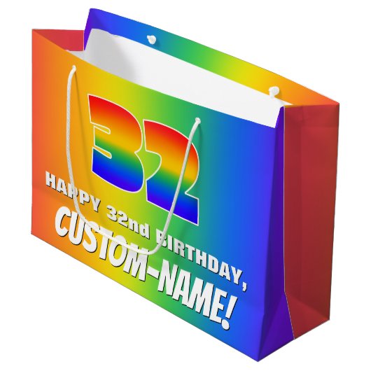 32e verjaardag: kleurrijk, vun regenboogpatroon # groot cadeauzakje (Voorkant Gekanteld)