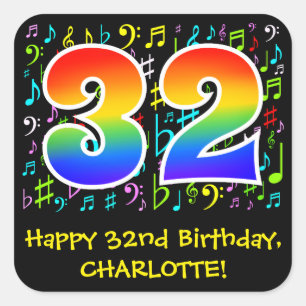 32e verjaardag: Kleurrijke muzieksymbolen, regenbo Vierkante Sticker