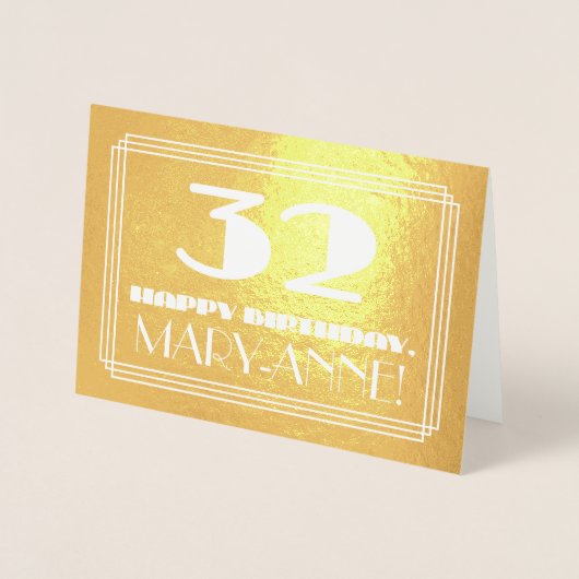 32e verjaardag: naam + Art Deco geïnspireerd look Folie Kaarten (Voorkant)