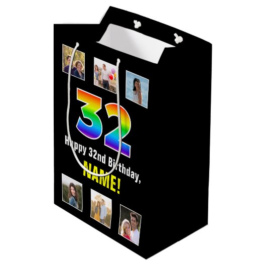 32e verjaardag: Regenboog "32", aangepaste foto's  Medium Cadeauzakje (Achterkant Gekanteld)