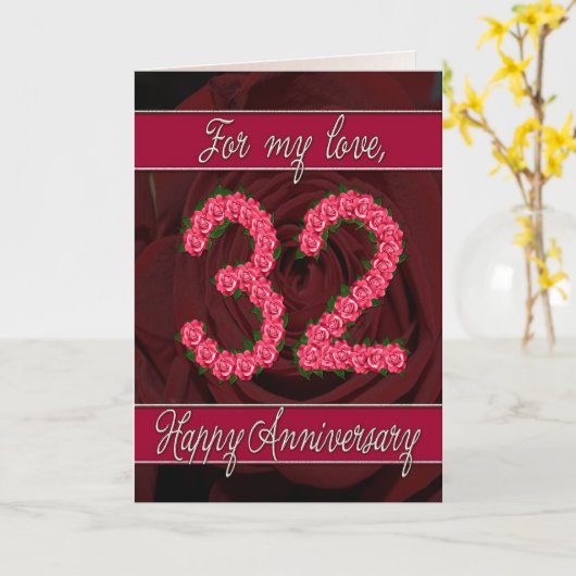 32e verjaardagskaart met rozen en bladeren kaart (Gele Bloem)