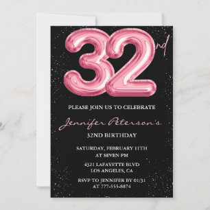 32e verjaardagsuitnodigingen Roze Ballon Glam Zwar Kaart