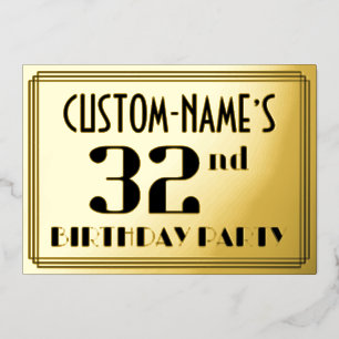32ste verjaardagsfeest: Art Deco-look “32” en naam Folie Uitnodiging