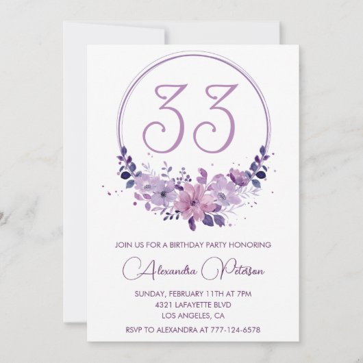 33e anniversaire invitation Elegant Boho violet (Devant)