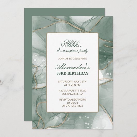 33e anniversaire Invitation Surprise party Green (Devant / Derrière)