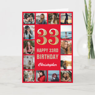 33e Happy Birthday Red en Gold Photo Collage Kaart