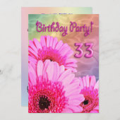 33e uitnodiging van de Birthday party met roze blo (Voorkant / Achterkant)
