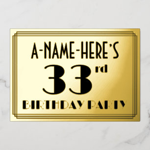 33e verjaardag — Art Deco look "33" + Naam Folie Uitnodiging