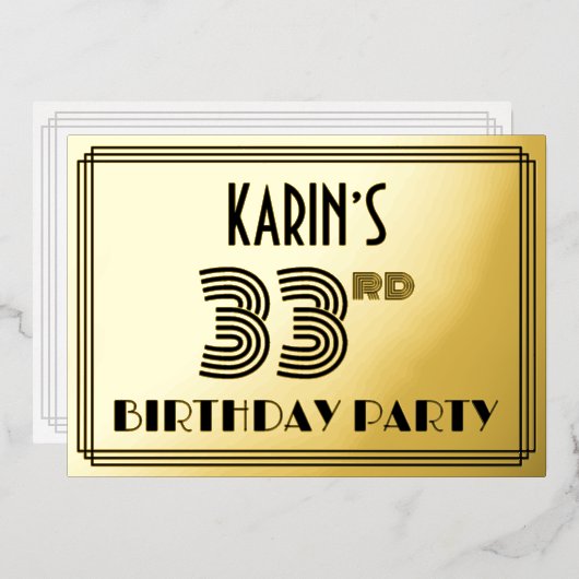 33e verjaardag — Art Deco Style "33" en naam Folie Uitnodiging (Voorkant / Achterkant)