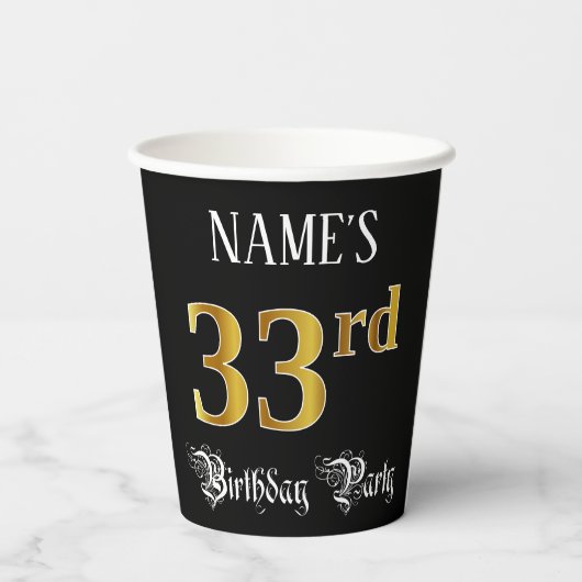 33e verjaardag — Fancy script, Faux Gold look Papieren Bekers (Achterkant)